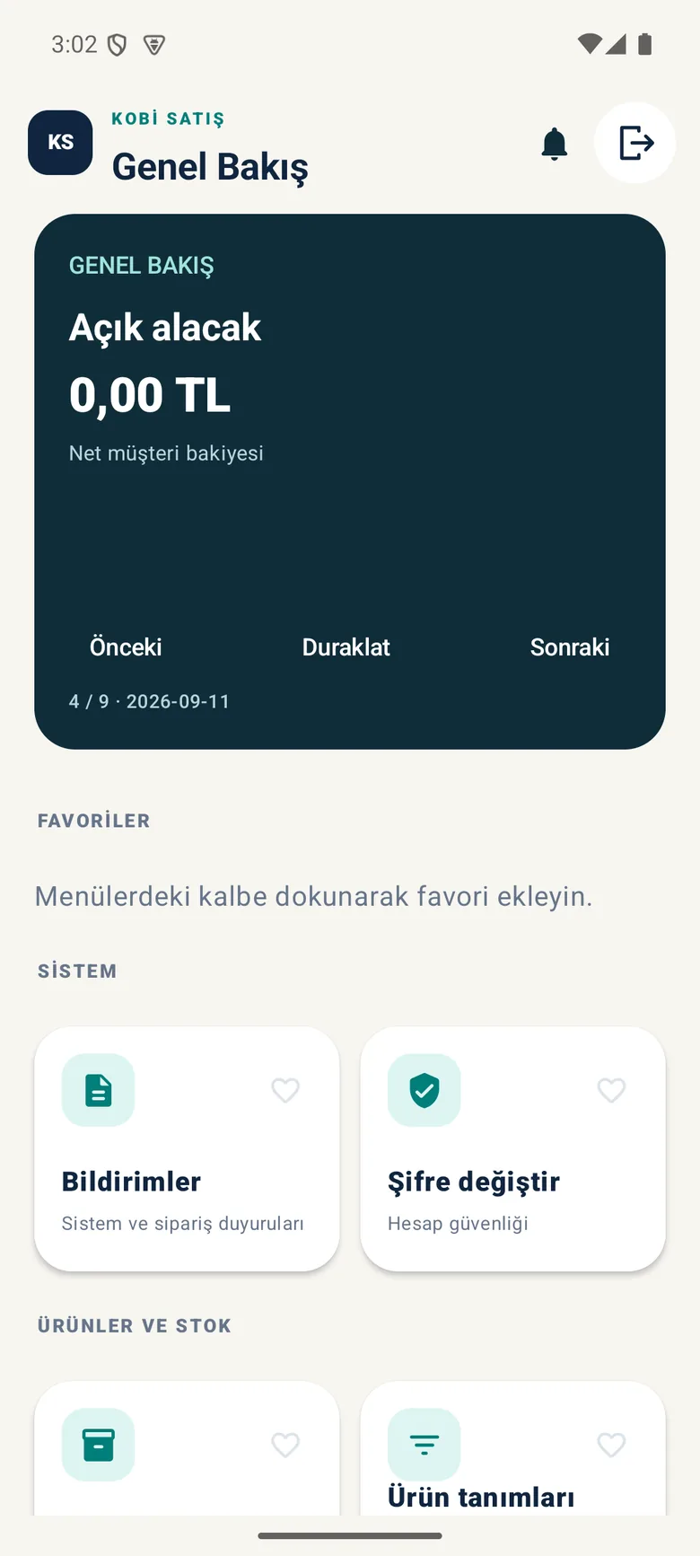 Genel Bakış ekranı ve dashboard kartı