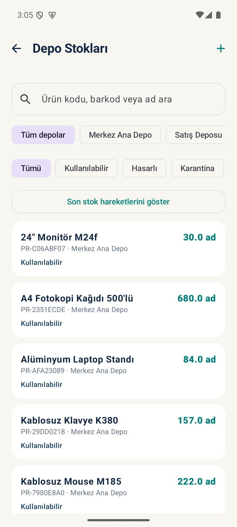 Depo stokları ekranı