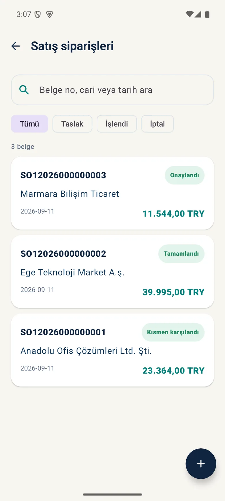 Sipariş listesi ve durum süzgeci