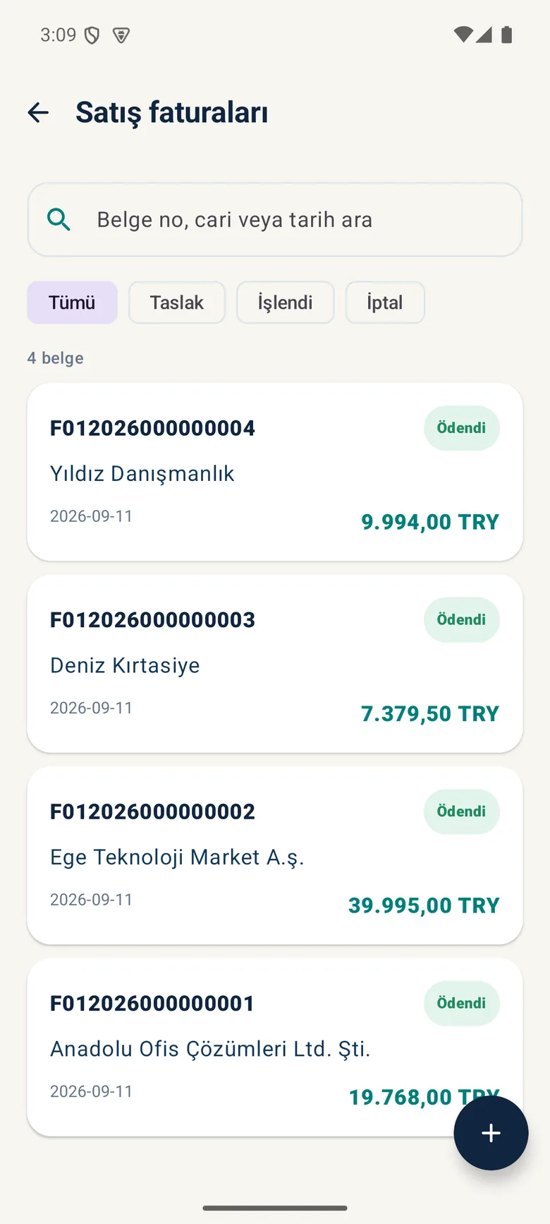 Fatura listesi ve durum süzgeci