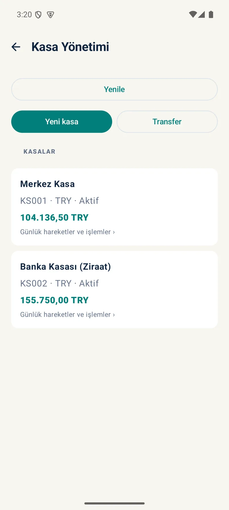 Kasa listesi ve bakiyeler