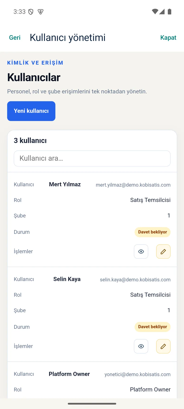 Kullanıcı yönetimi ekranı uygulama içinde açılır