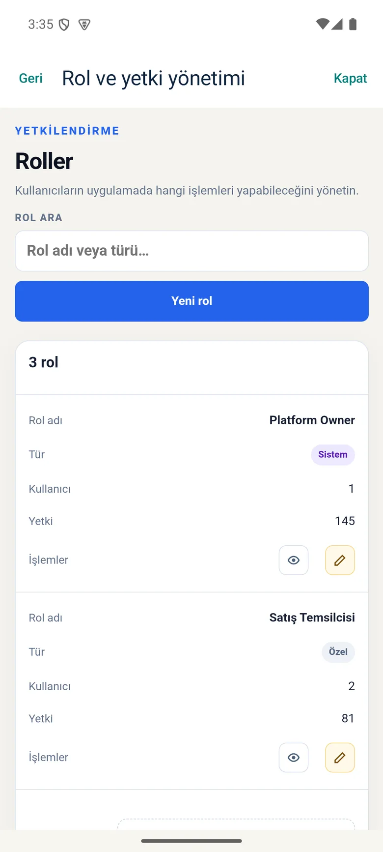 Rol ve yetki yönetimi