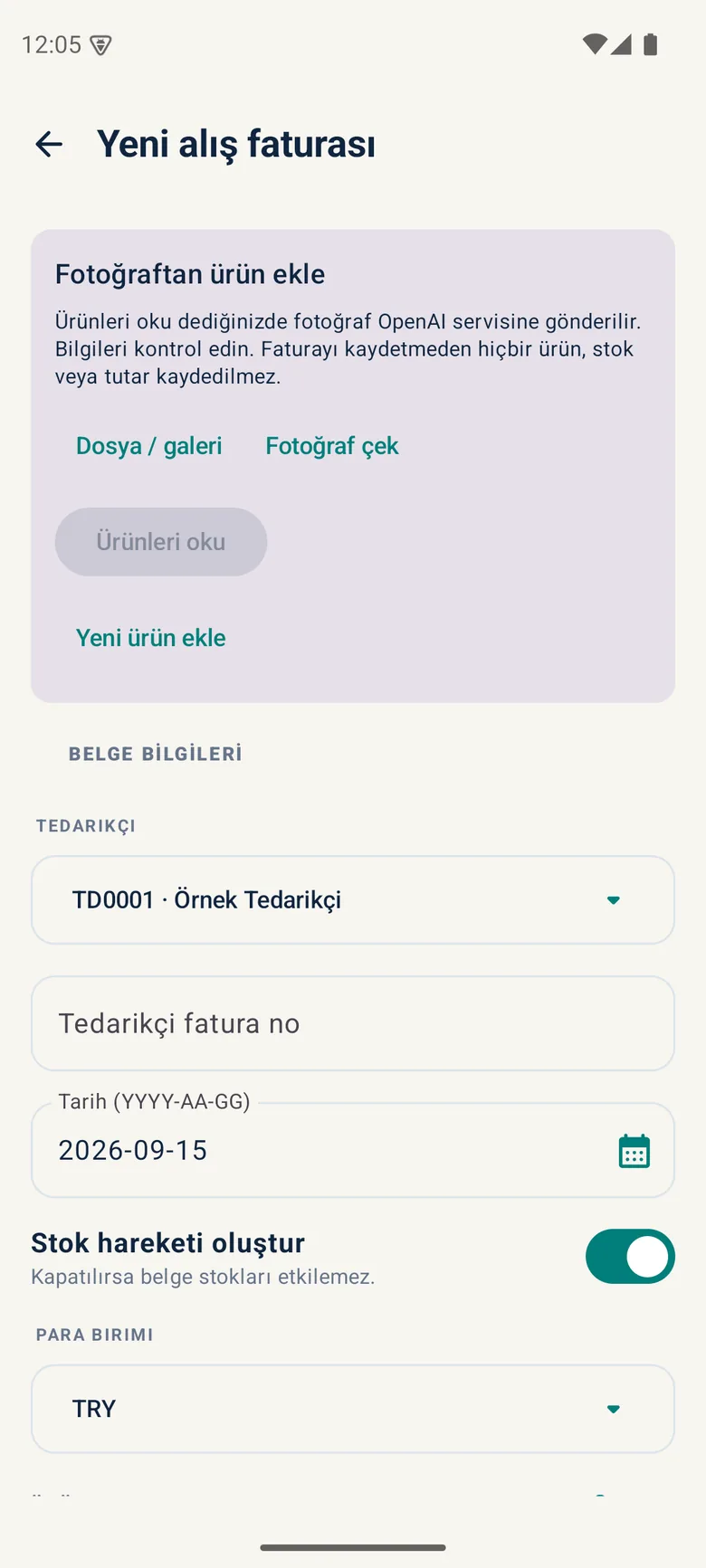 Android alış faturasında fotoğraf seçimi — demo verisi, yayına hazırlanan sürüm