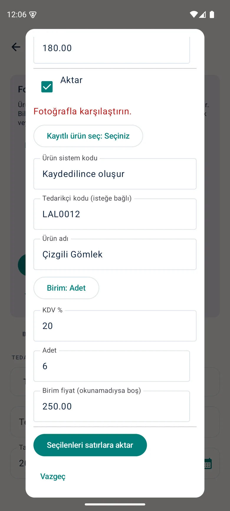 Yeni ürünün birim ve KDV kontrolü; fatura taslağına aktarım — demo verisi, yayına hazırlanan sürüm