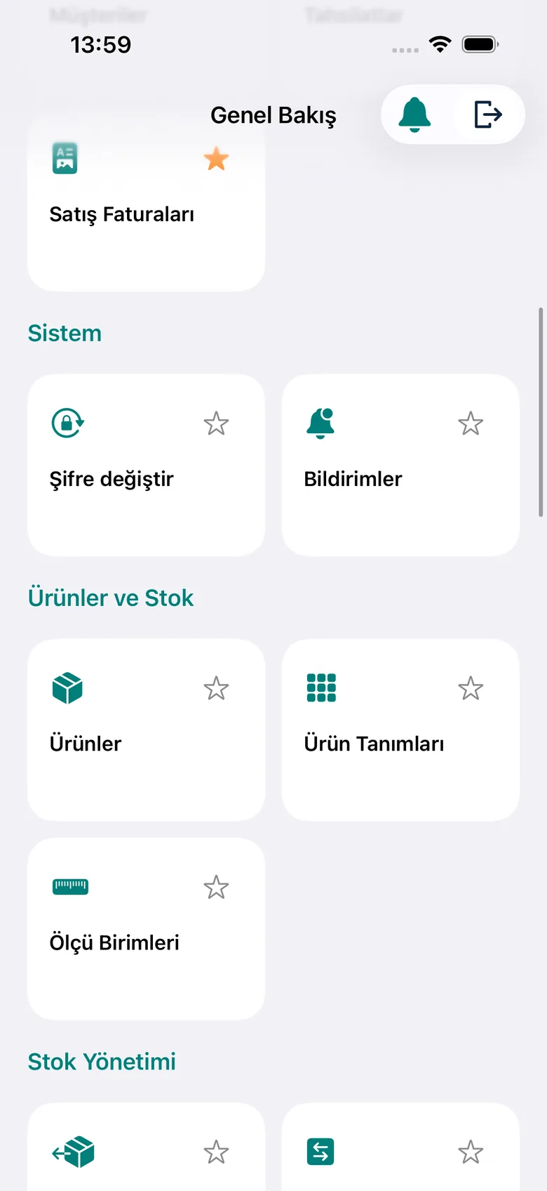 Bölümlere ayrılmış modül menüsü