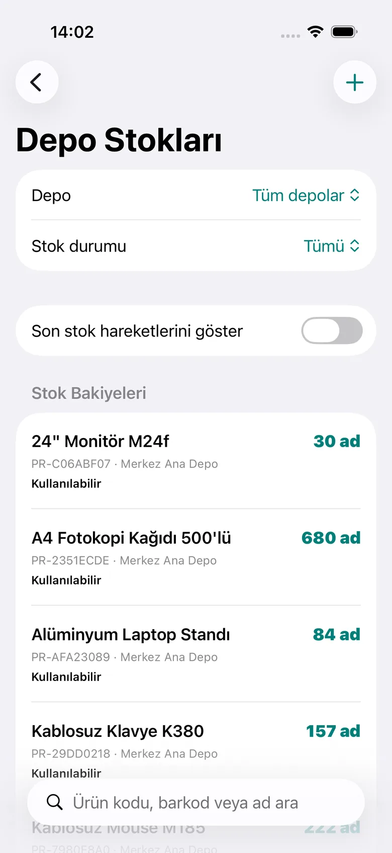 Depo stokları ekranı