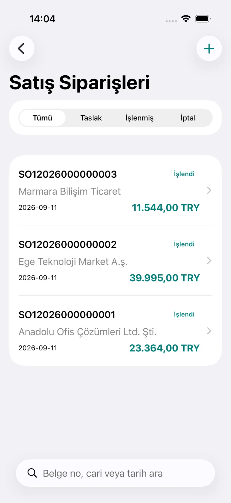 Sipariş listesi ve durum süzgeci