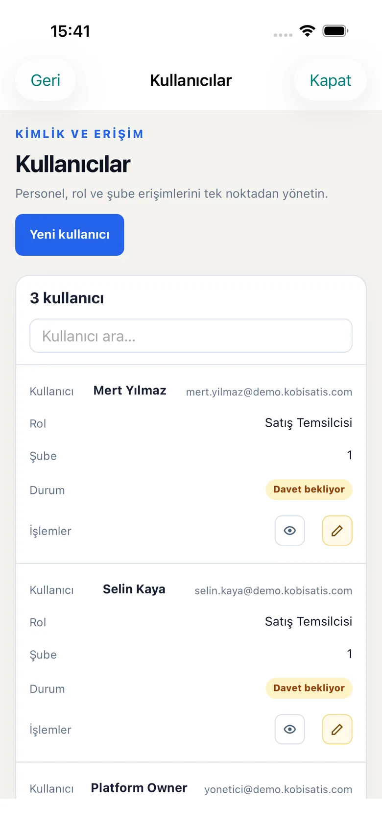 Kullanıcı yönetimi ekranı uygulama içinde açılır