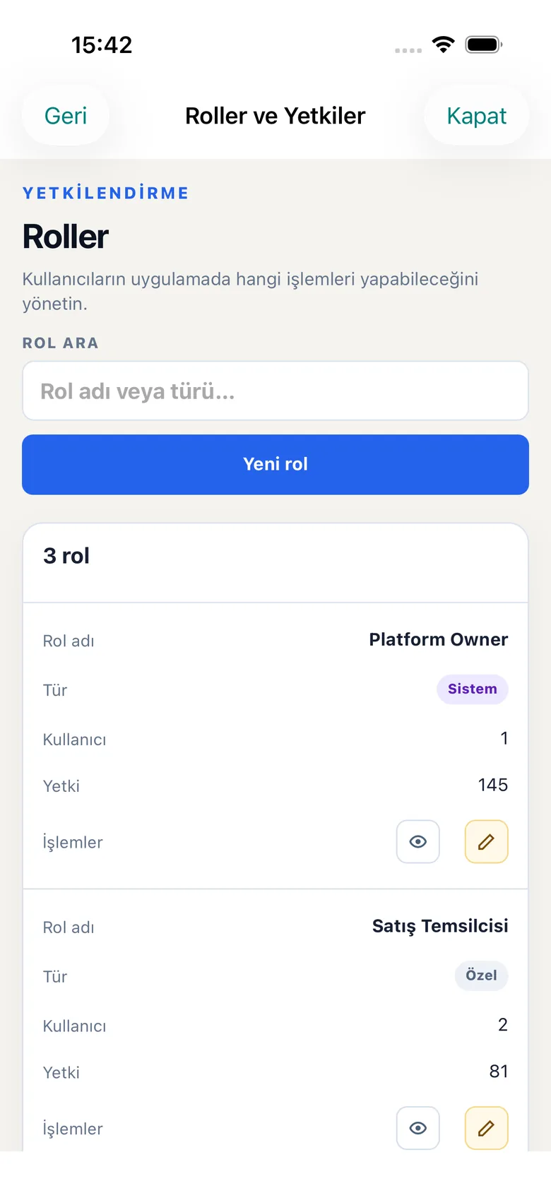 Rol ve yetki yönetimi