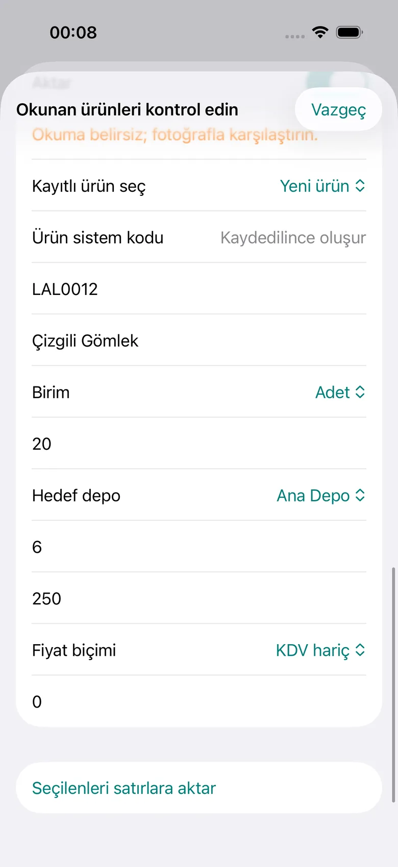 Yeni ürün bilgilerini kontrol ederek fatura taslağına aktarma — demo verisi, yayına hazırlanan sürüm