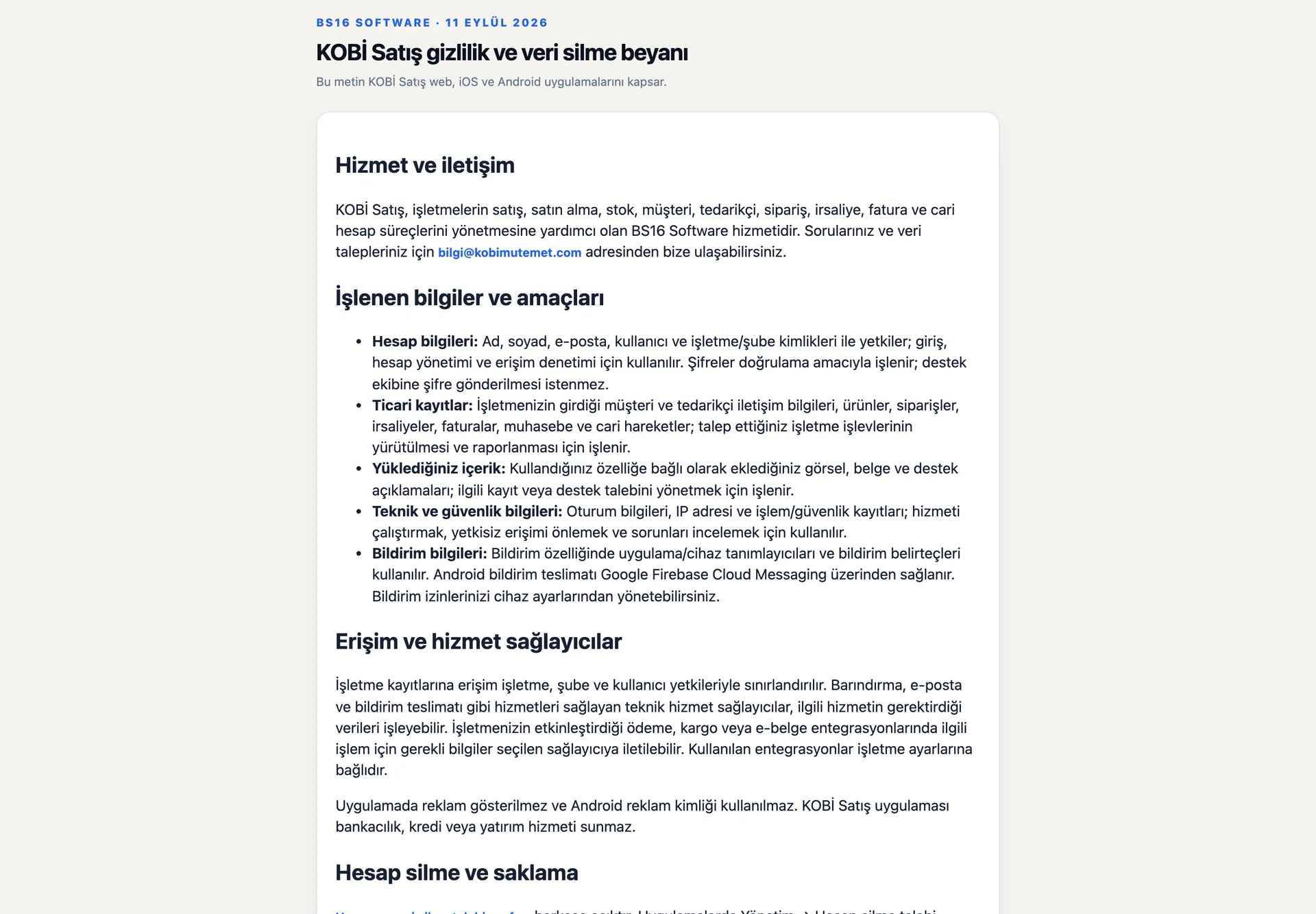 Gizlilik ve veri silme beyanı sayfası