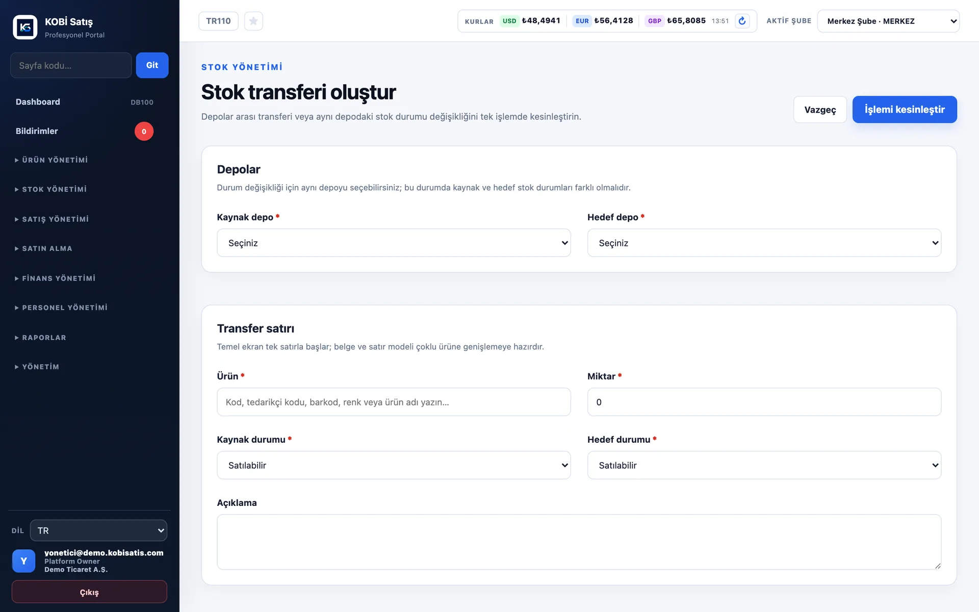 Transfer oluşturma formu